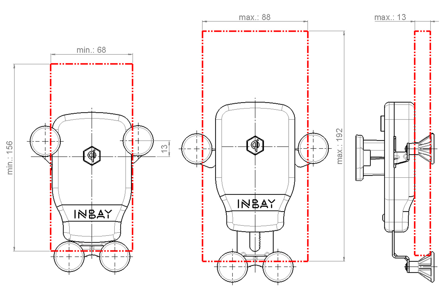 Die INBAY Cradle für RAM Mounts Abmessungen